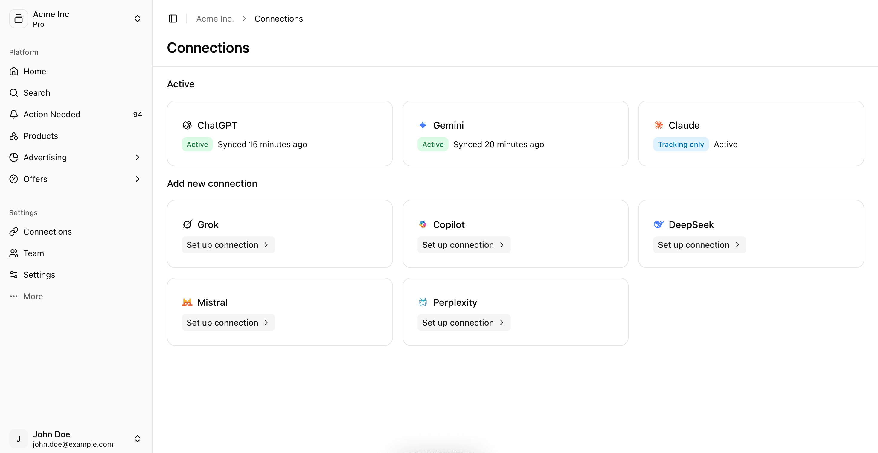 Screenshot showing retailQ conneting and pushing product data to different AI platforms, such as ChatGPT, Gemini and Claude.