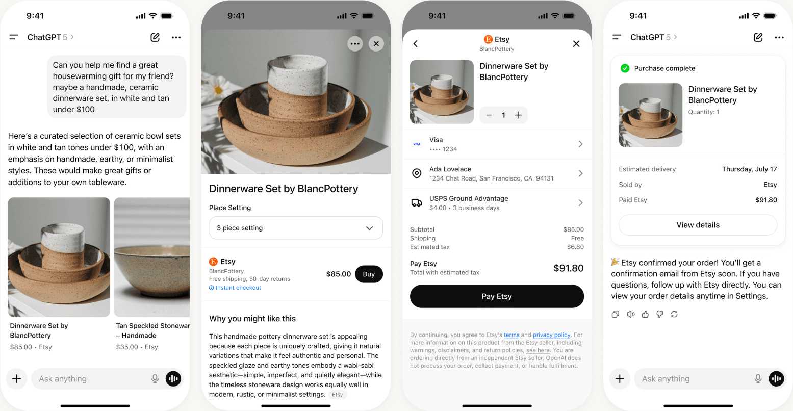 Screenshot of OpenAI's Instant Checkout offering, showing an example of a product being searched for in ChatGPT, and then purchased directly from within the ChatGPT app