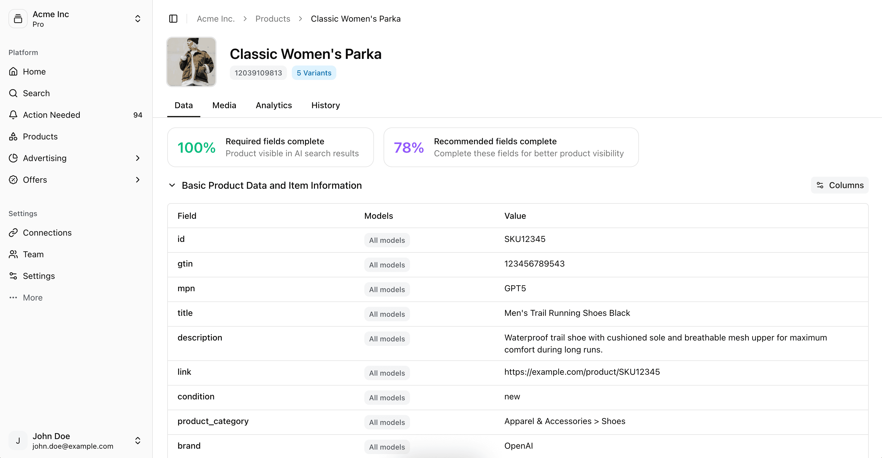 Screenshot showing retailQ tracking product-level performance, with fine-grained tracking and rich metrics, filtered by product, category, region, AI model and more.